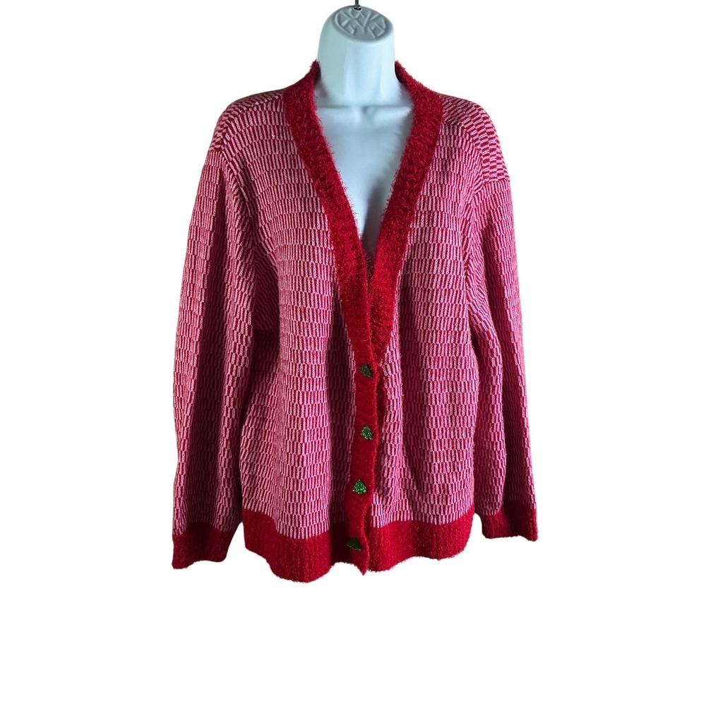 33 Degrees Women Red Pink Christmas Cardigan Sweater Tree Buttons XL‎ Holiday